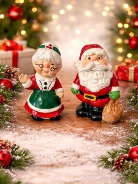 Vintage Christmas Santa Mrs Claus Salt Pepper Shakers Ceramic Holiday Set